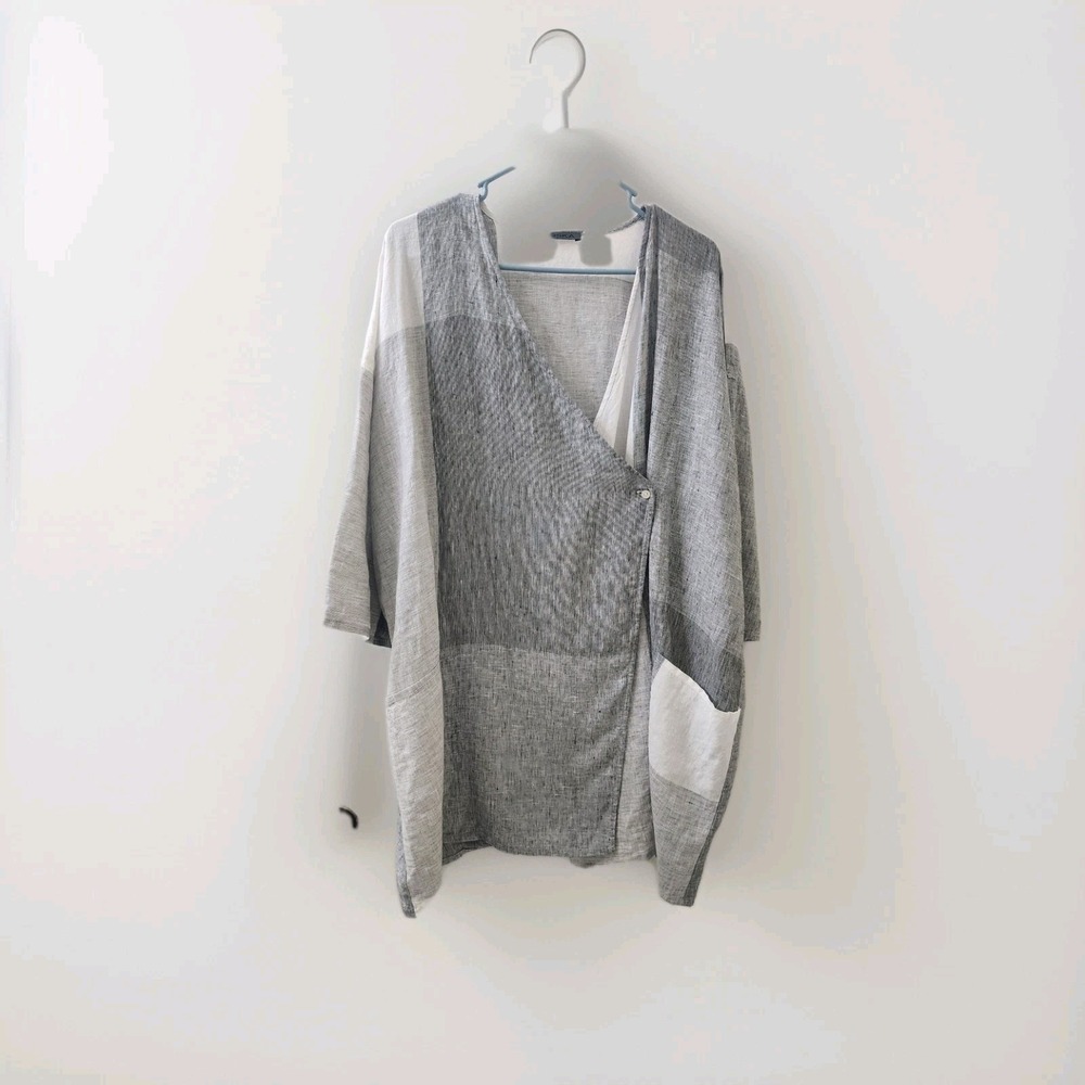 OSKA Grey‎ White Colorblock Linen Wrap Cardigan Jacket Oversized Lagenlook